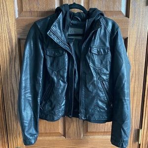 Hooded Faux Leather Motorcycle Jacket